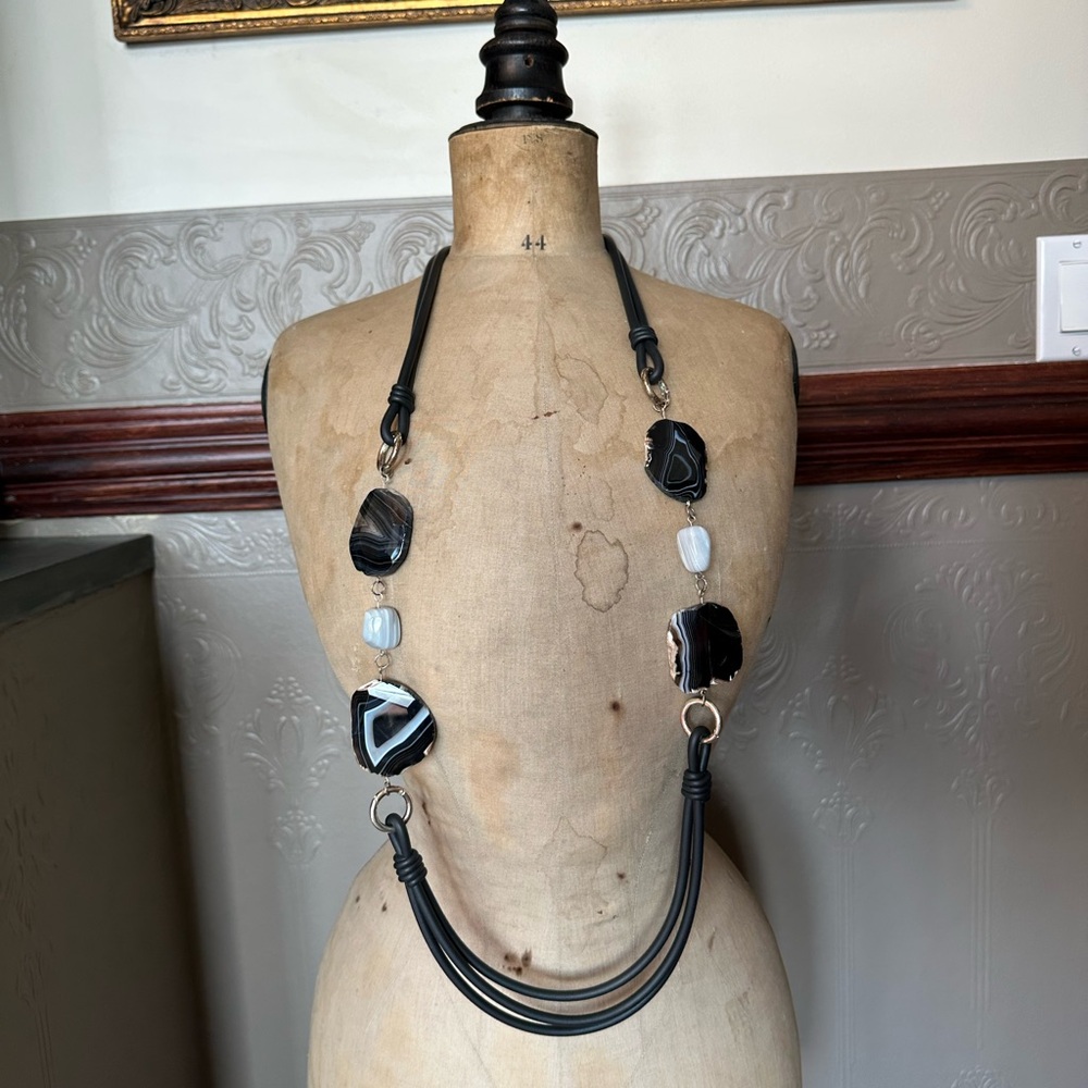 Lana Matskiv Artisan Long Black Agate Statement Necklace Handmade Fine Artist